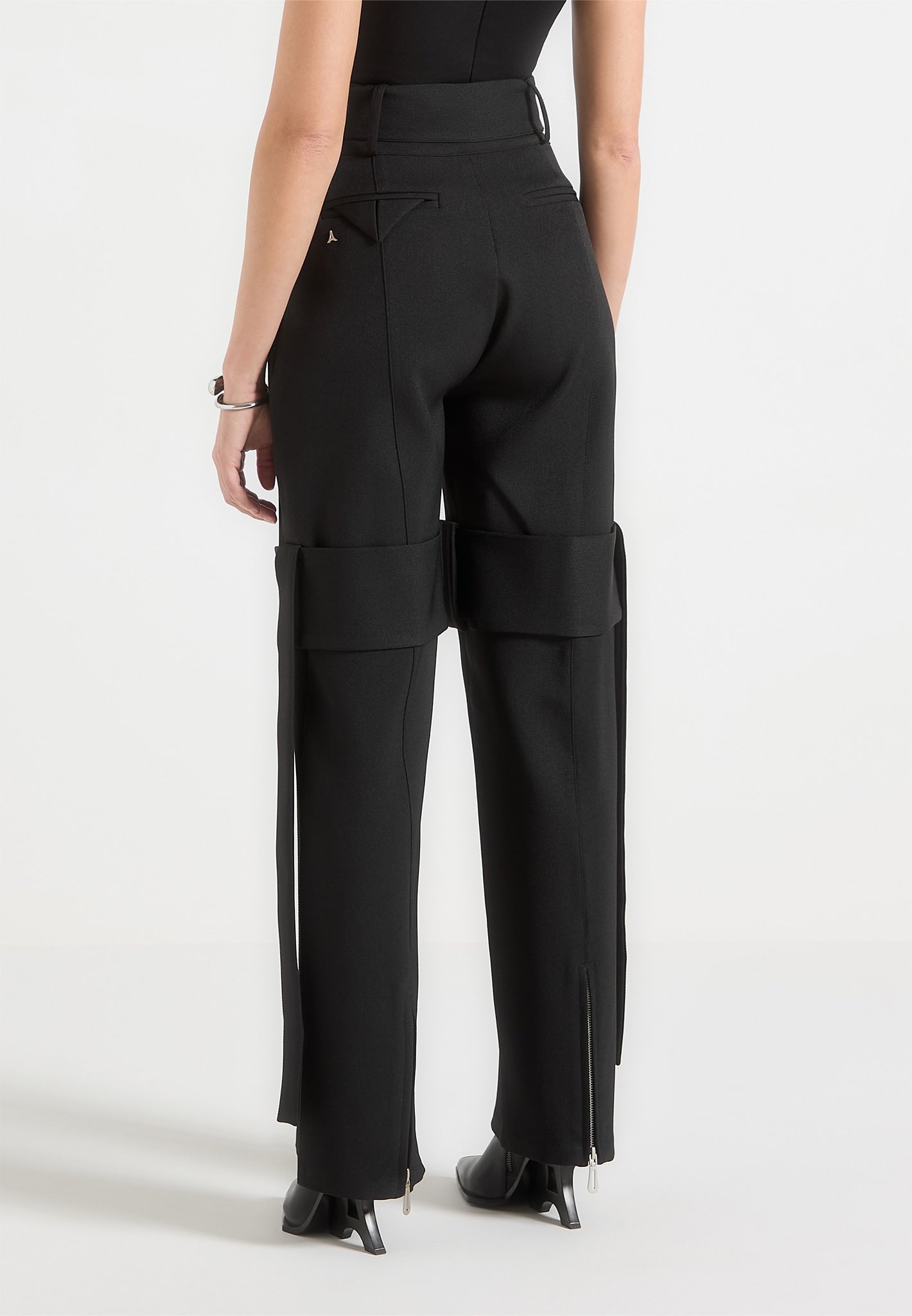 Tailored Belted Strap Detail Trousers - Black