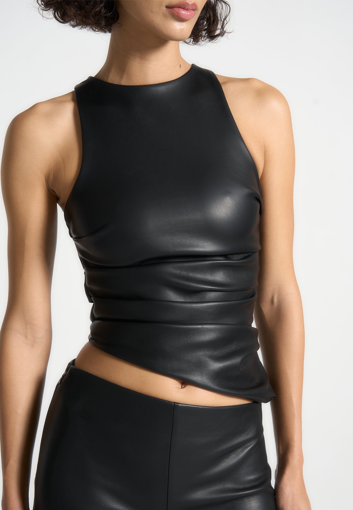 Leather Asymmetric Tacked Racer Top - Black