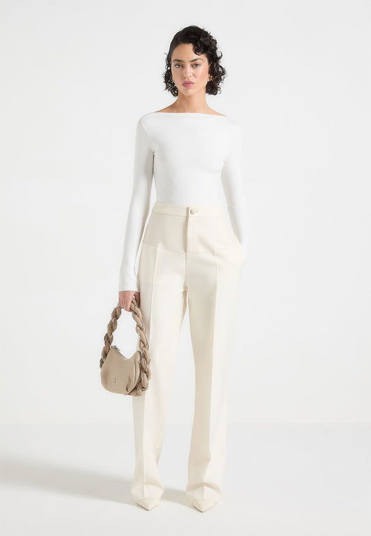 Leather Panel Tailored Trousers - Cream