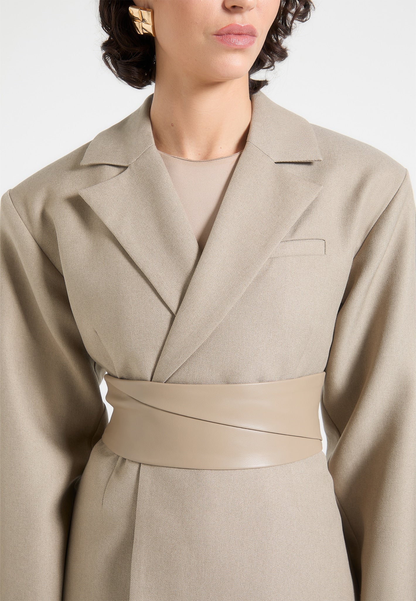 Twist Sleeve Tailored Blazer with Belt - Taupe