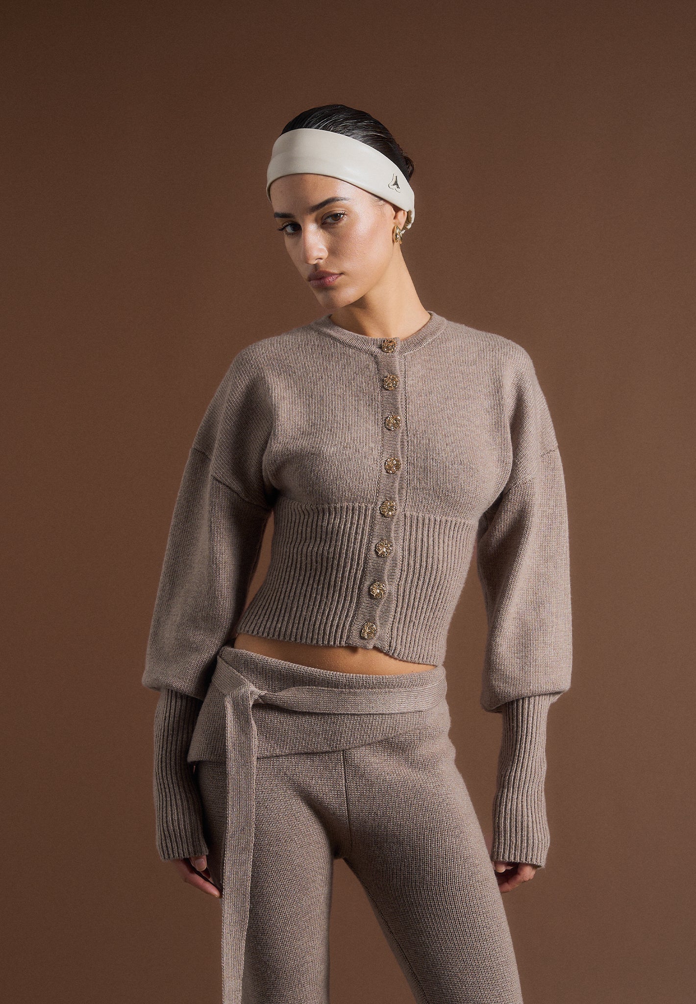 Knitted Fit & Flare Leggings with Belt - Taupe