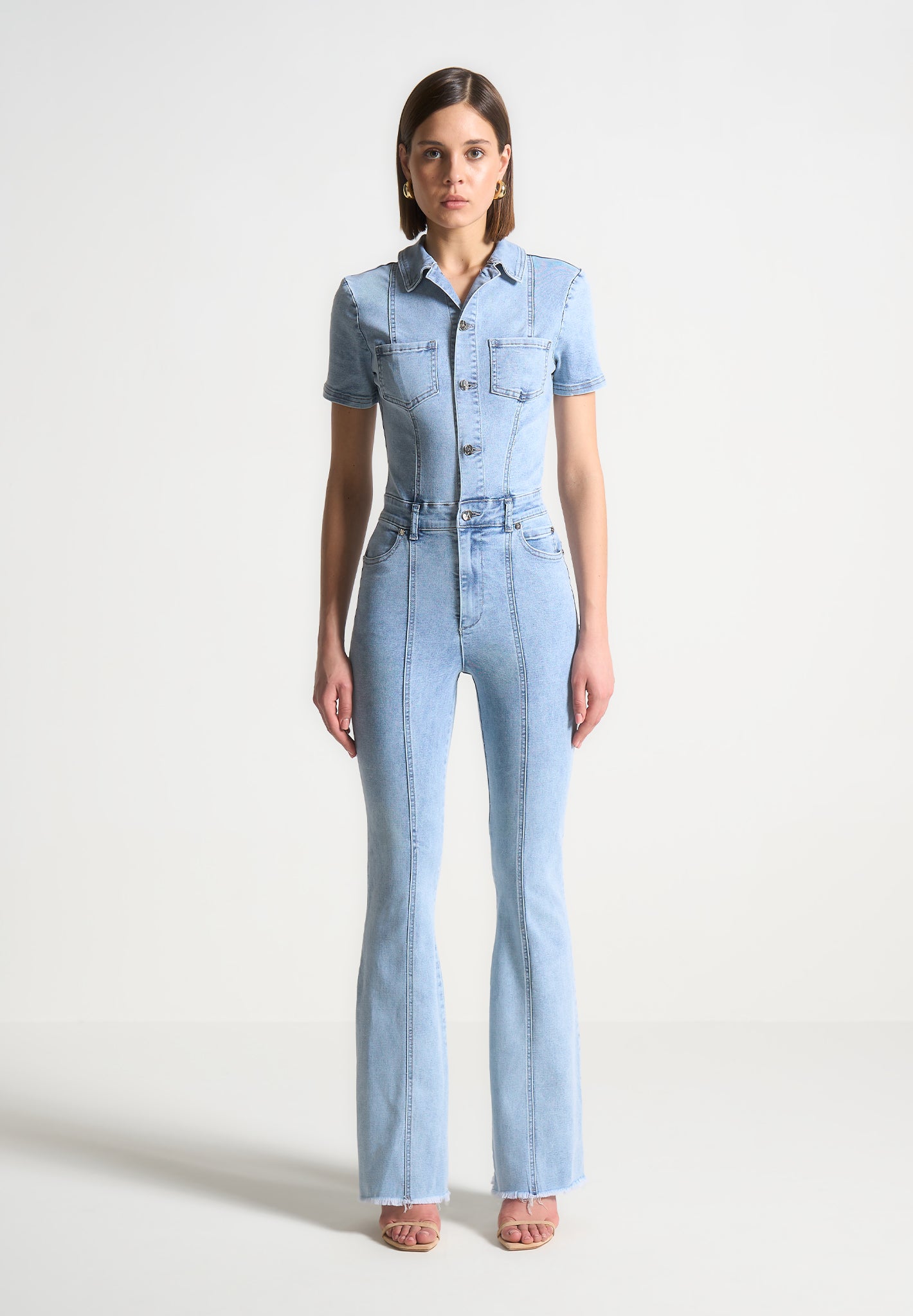 Mini Flared Denim Jumpsuit - Mid Blue
