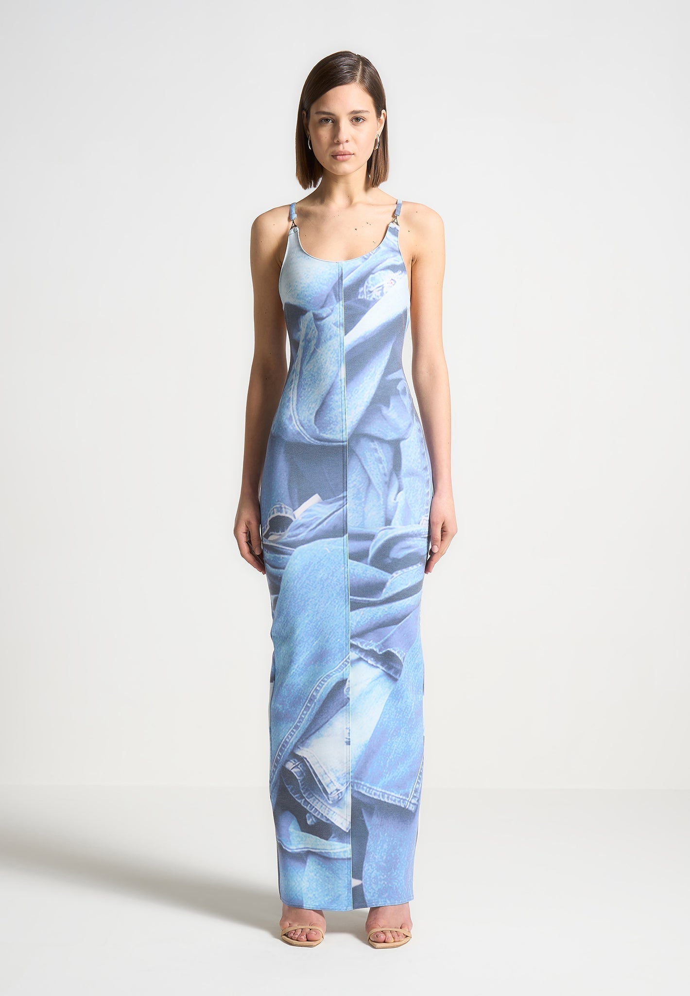 Printed Denim Effect Maxi Dress - Blue