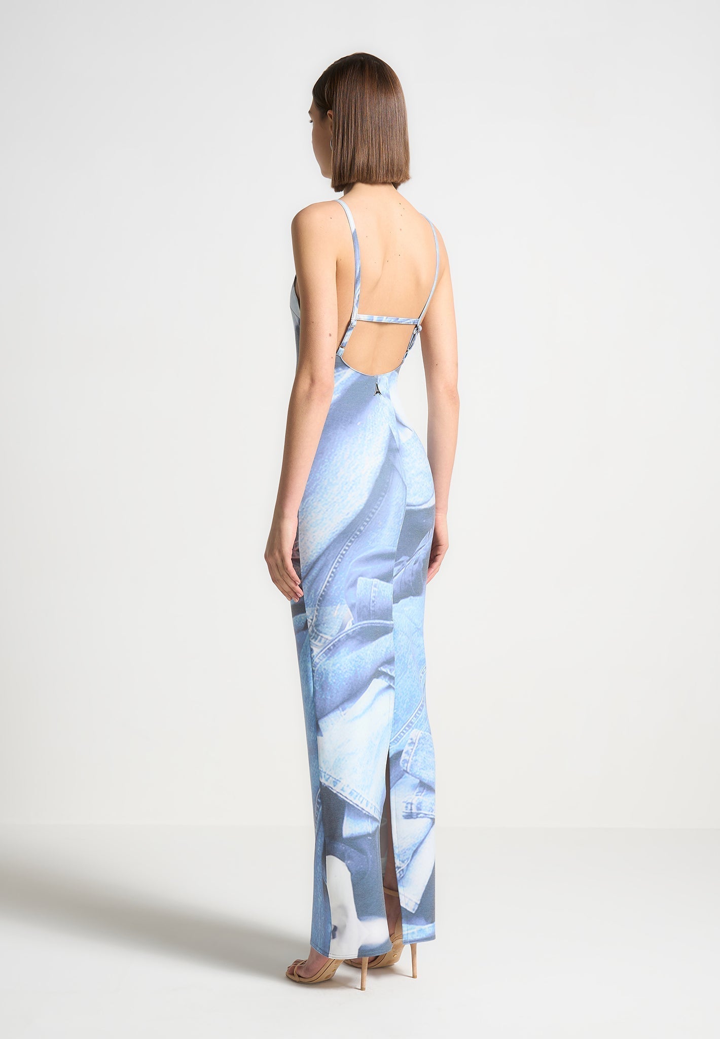 Printed Denim Effect Maxi Dress - Blue