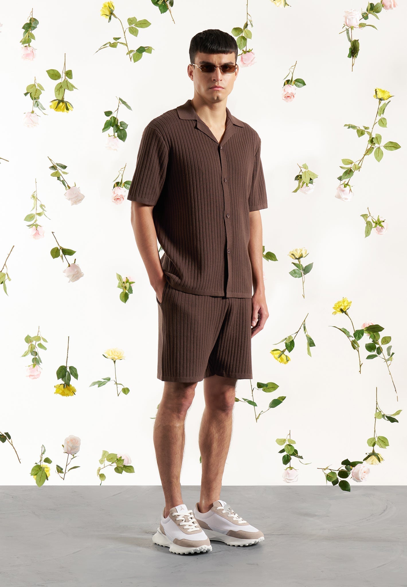 Ribbed Knit Revere Shirt - Brown