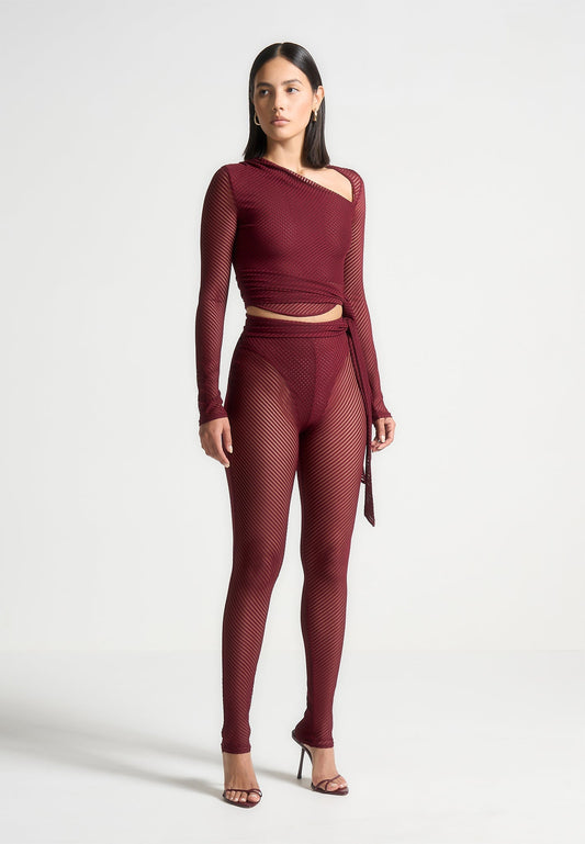 Ribbed Sheer Leggings with Tie - Wine Red
